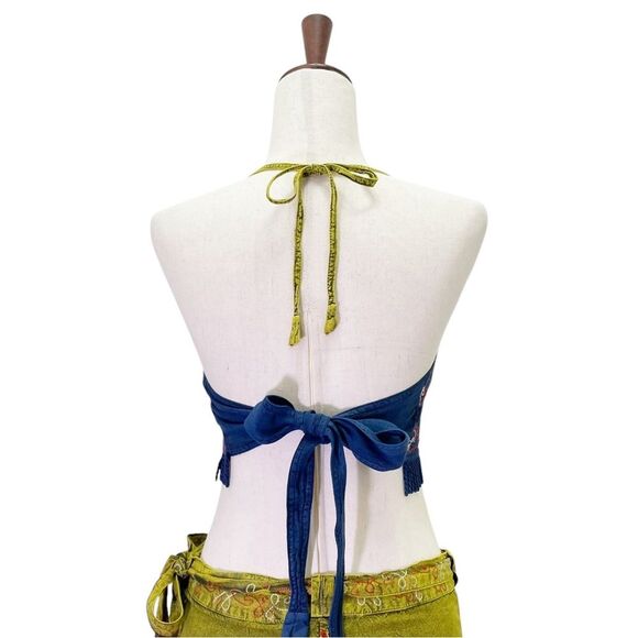 Flower Tie Dye Crop Top Wrap Skirt Set Free Size Boho Festival India Blue Green - Picture 6 of 10